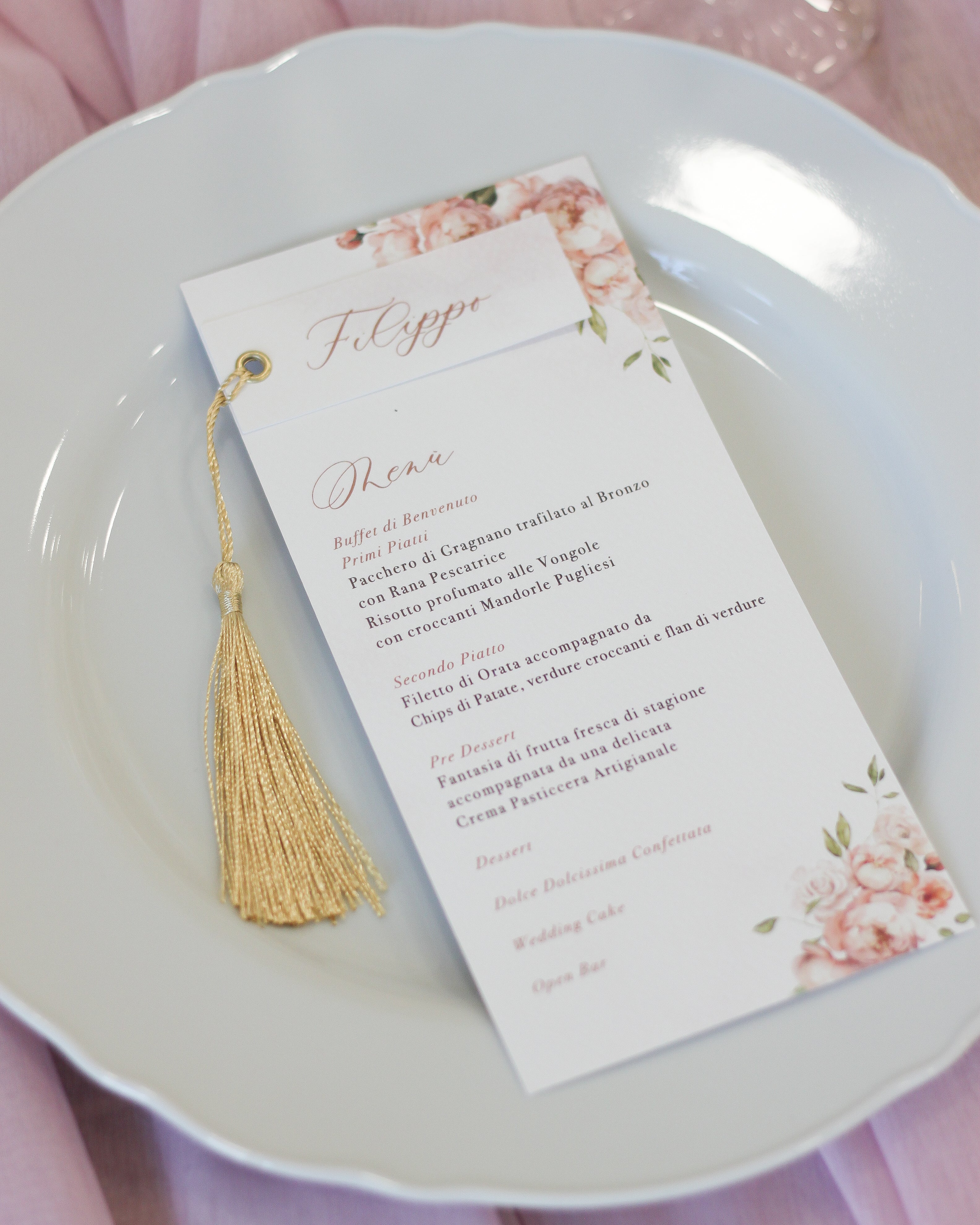 Menù Dusty Rose con nome ospite